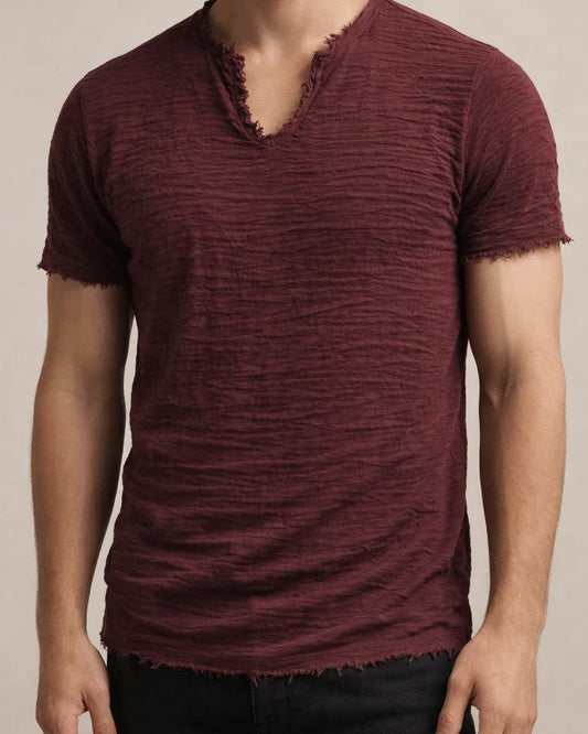 Solid-Color Men’s Retro Cotton-Linen Frayed-Edge V-Neck Short-Sleeve T-Shirt | JRSEE:cd98a767-1334-42c1-9006-10aaef7b7188
