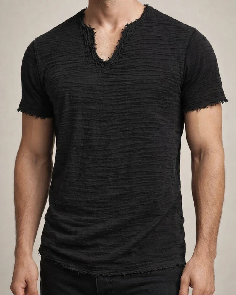 Solid-Color Men’s Retro Cotton-Linen Frayed-Edge V-Neck Short-Sleeve T-Shirt | JRSEE:5d6840e3-c966-4274-9524-930163e44c43