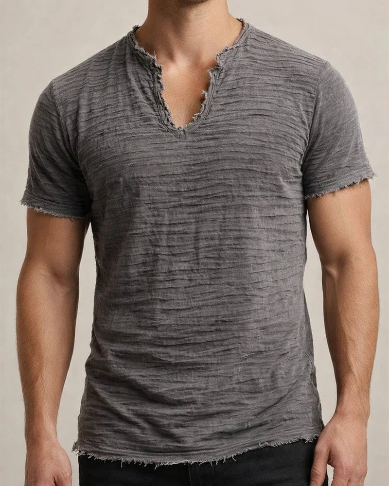 Solid-Color Men’s Retro Cotton-Linen Frayed-Edge V-Neck Short-Sleeve T-Shirt | JRSEE:8ae3683a-87a2-471d-b2e6-0926b6fb2181