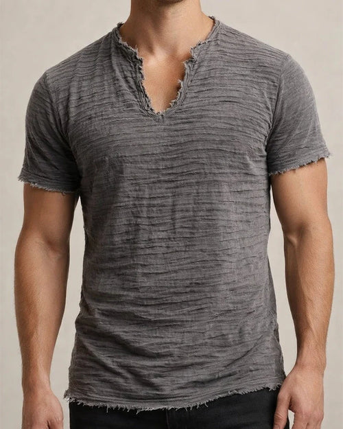 Solid-Color Men’s Retro Cotton-Linen Frayed-Edge V-Neck Short-Sleeve T-Shirt | JRSEE:8ae3683a-87a2-471d-b2e6-0926b6fb2181