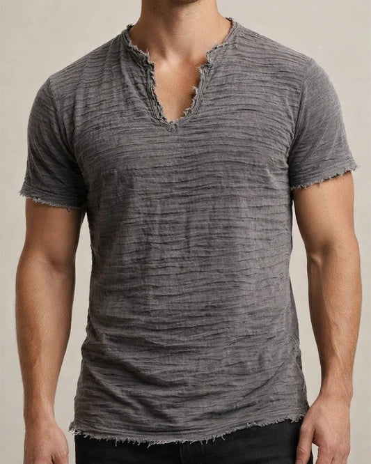Solid-Color Men’s Retro Cotton-Linen Frayed-Edge V-Neck Short-Sleeve T-Shirt | JRSEE:8ae3683a-87a2-471d-b2e6-0926b6fb2181