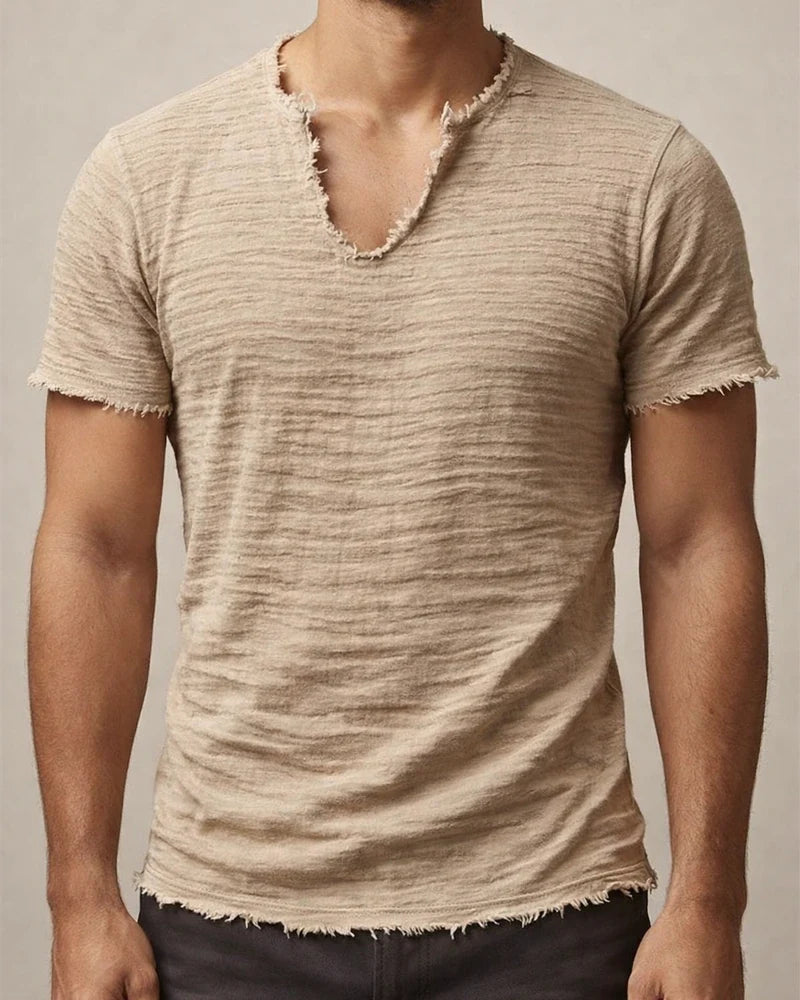 Solid-Color Men’s Retro Cotton-Linen Frayed-Edge V-Neck Short-Sleeve T-Shirt | JRSEE:f9a55b30-4f6f-4b6b-a73f-4d80adc5821b