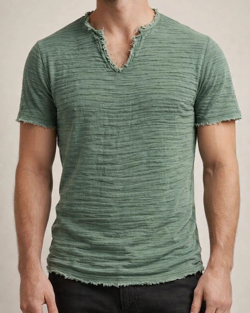 Solid-Color Men’s Retro Cotton-Linen Frayed-Edge V-Neck Short-Sleeve T-Shirt | JRSEE:0e0a0a90-f15a-4b5b-94c5-a4bec080935c