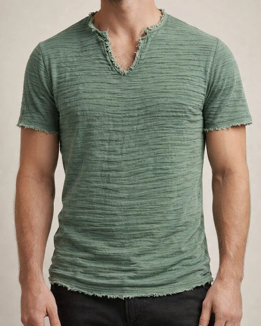 Solid-Color Men’s Retro Cotton-Linen Frayed-Edge V-Neck Short-Sleeve T-Shirt | JRSEE:0e0a0a90-f15a-4b5b-94c5-a4bec080935c