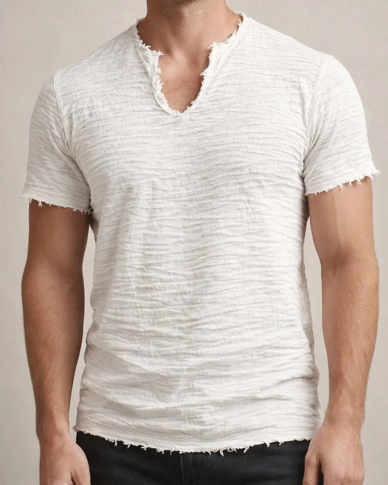 Solid-Color Men’s Retro Cotton-Linen Frayed-Edge V-Neck Short-Sleeve T-Shirt | JRSEE:40abac9c-bab5-4be2-a912-f3ddbd11cdc6