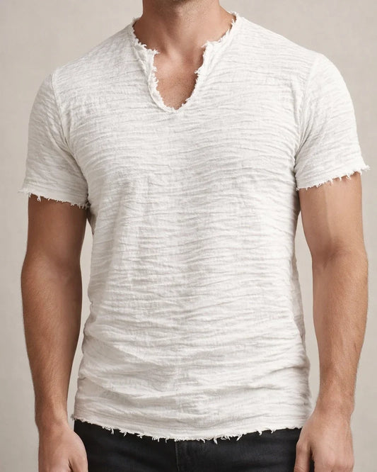 Solid-Color Men’s Retro Cotton-Linen Frayed-Edge V-Neck Short-Sleeve T-Shirt | JRSEE:40abac9c-bab5-4be2-a912-f3ddbd11cdc6