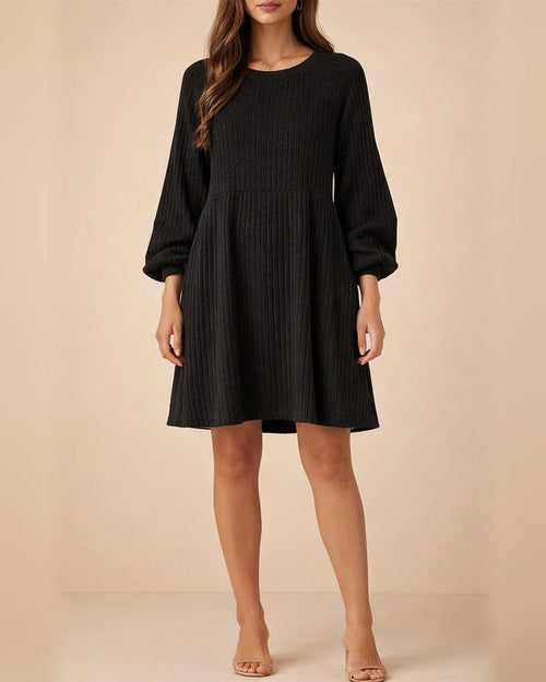 Solid Color Round Neck Knit Long Sleeve Dress | JRSEE:a209f1ae-7817-430c-9089-818dd339217e