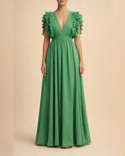Solid Color Sexy Dress V-neck Ruffle Sleeve Long Dress | JRSEE:95edbea2-f81d-4e35-bd15-28849e87e03f