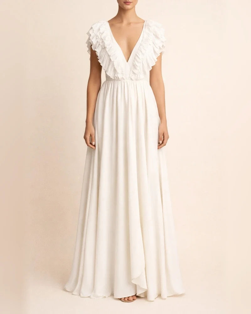 Solid Color Sexy Dress V-neck Ruffle Sleeve Long Dress | JRSEE:711ee913-2f4d-4e03-97f9-f5be33e4c51c
