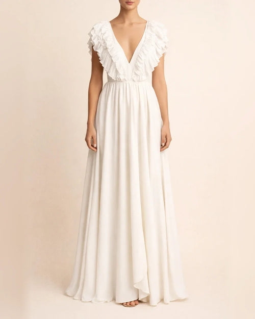 Solid Color Sexy Dress V-neck Ruffle Sleeve Long Dress | JRSEE:711ee913-2f4d-4e03-97f9-f5be33e4c51c