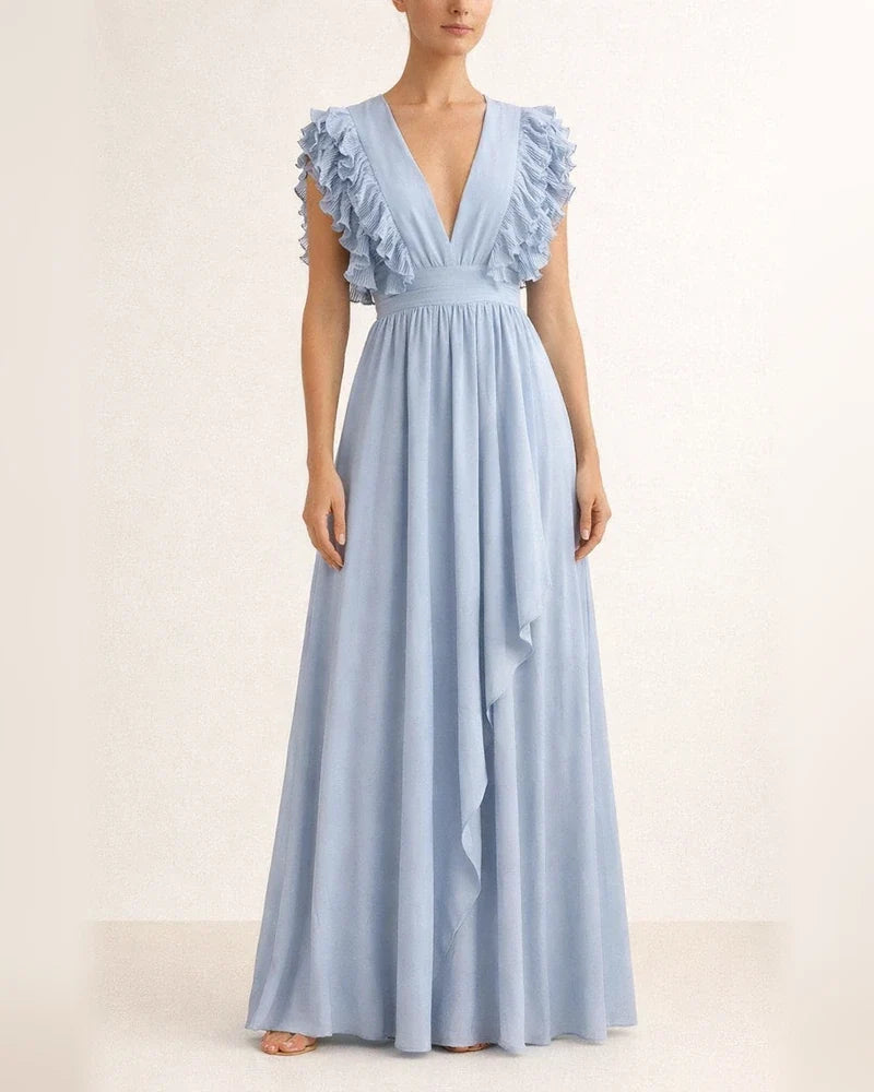 Solid Color Sexy Dress V-neck Ruffle Sleeve Long Dress | JRSEE:f65db7ca-760b-4763-a8bc-05ed46b2d689