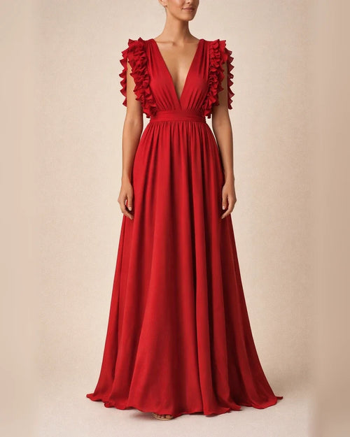 Solid Color Sexy Dress V-neck Ruffle Sleeve Long Dress | JRSEE:28df5a00-eb33-40ae-8548-9730401c9b2c