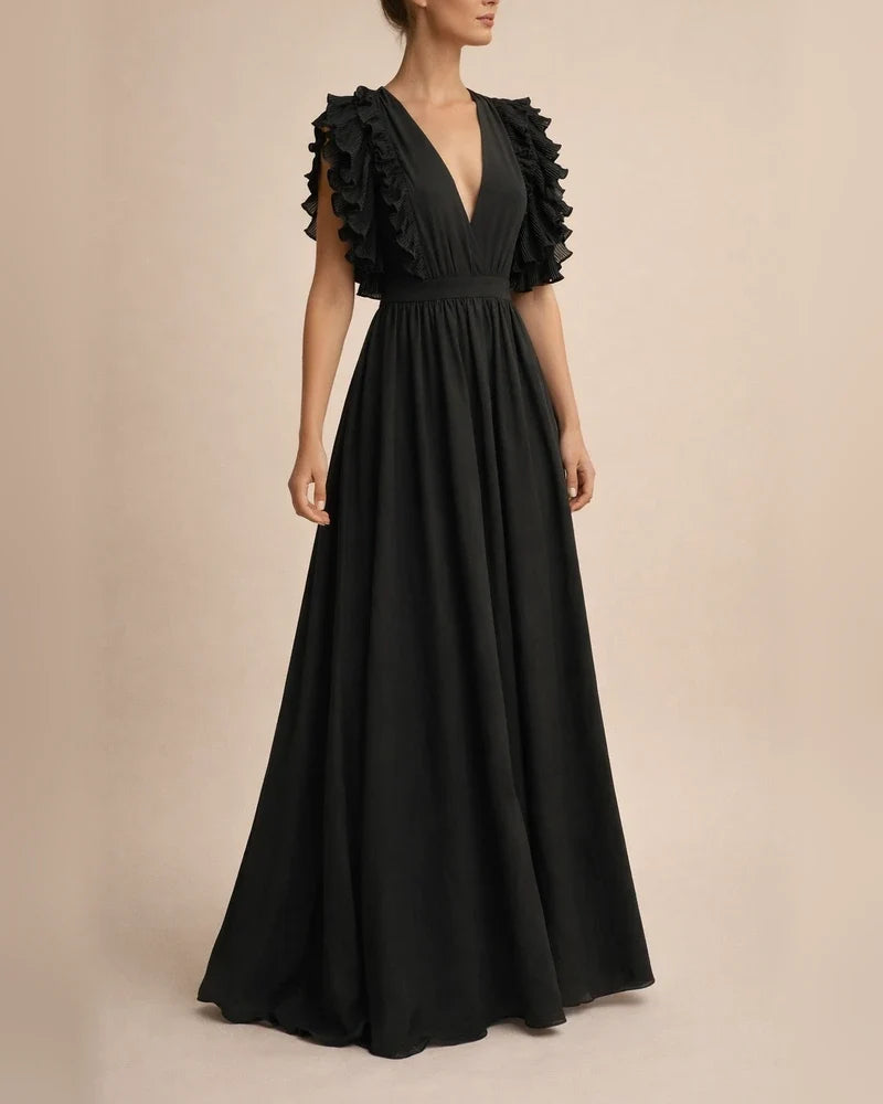 Solid Color Sexy Dress V-neck Ruffle Sleeve Long Dress | JRSEE:a369d4ef-3263-40ff-b333-de77b9f62061