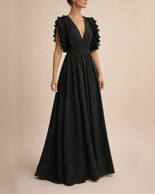 Solid Color Sexy Dress V-neck Ruffle Sleeve Long Dress | JRSEE:a369d4ef-3263-40ff-b333-de77b9f62061