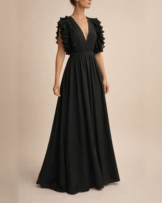Solid Color Sexy Dress V-neck Ruffle Sleeve Long Dress | JRSEE:a369d4ef-3263-40ff-b333-de77b9f62061