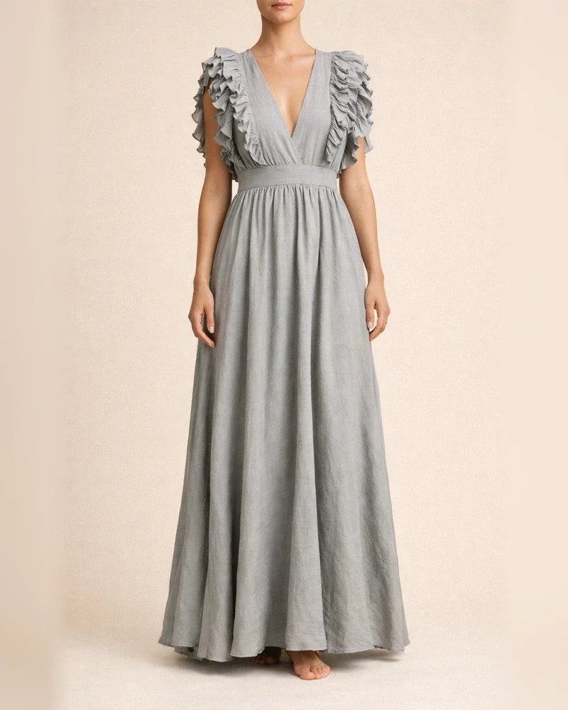 Solid Color Sexy Dress V-neck Ruffle Sleeve Long Dress | JRSEE:21c75945-5cfc-4868-8f7d-a63659f10168
