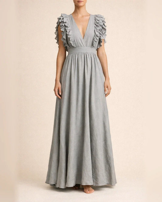 Solid Color Sexy Dress V-neck Ruffle Sleeve Long Dress | JRSEE:21c75945-5cfc-4868-8f7d-a63659f10168