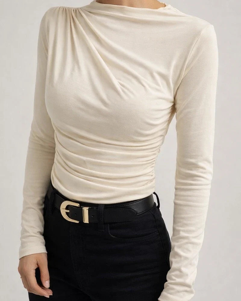 Solid Color Slim Bottoming Shirt with Pleated Design Sense of Long-sleeved T-shirt Women's Tops | JRSEE:4ebb5957-62b2-4523-ac8b-d780f462a2ff