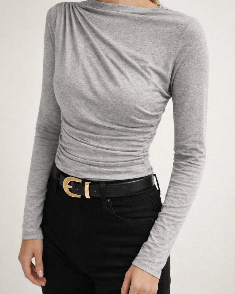 Solid Color Slim Bottoming Shirt with Pleated Design Sense of Long-sleeved T-shirt Women's Tops | JRSEE:43d3ba7e-e59b-448e-b843-ac8a1b28d95c