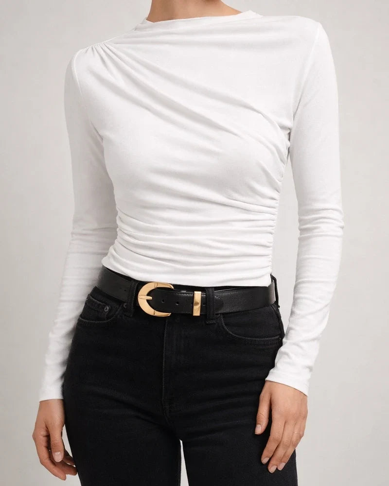 Solid Color Slim Bottoming Shirt with Pleated Design Sense of Long-sleeved T-shirt Women's Tops | JRSEE:96d3969e-cffb-40f0-991c-cd4959f5aab9