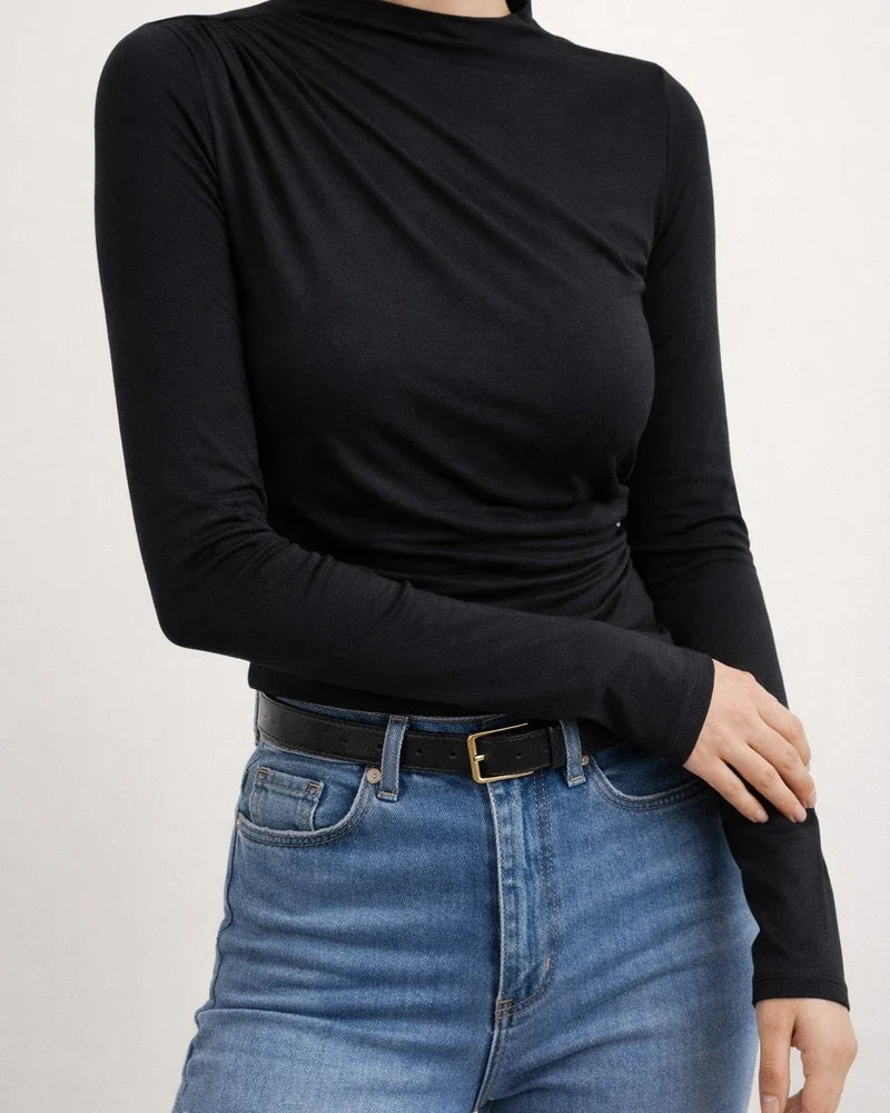Solid Color Slim Bottoming Shirt with Pleated Design Sense of Long-sleeved T-shirt Women's Tops | JRSEE:49f73fba-6df0-4bd9-9ae5-274fcc56608d