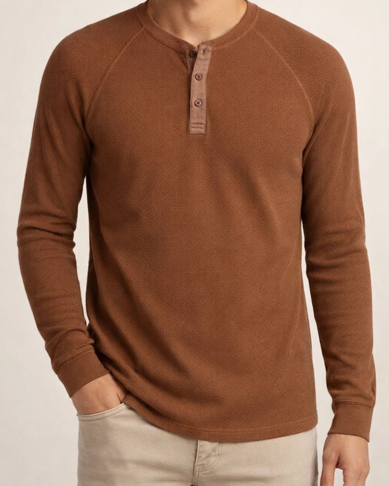 Solid color Slim pullover shoulder sleeve men's long-sleeved t-shirt men's bottom shirt men's round neck waffle Henley shirt | JRSEE:b3b629b4-4588-4918-92fc-57b0371111fd