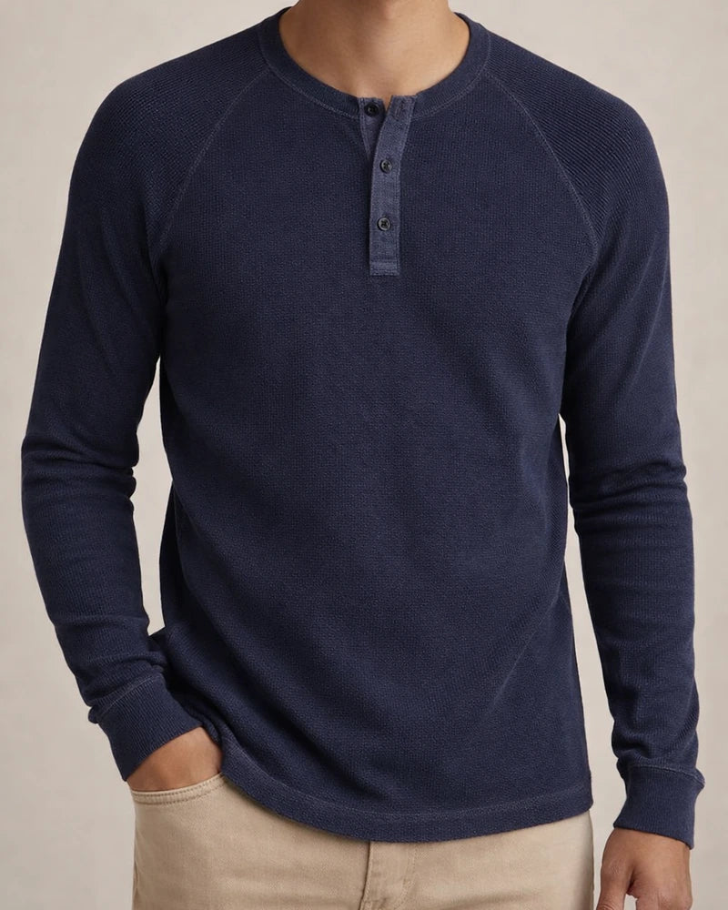 Solid color Slim pullover shoulder sleeve men's long-sleeved t-shirt men's bottom shirt men's round neck waffle Henley shirt | JRSEE:9cdfe52b-8d6e-4967-895d-ad479d0a37f3