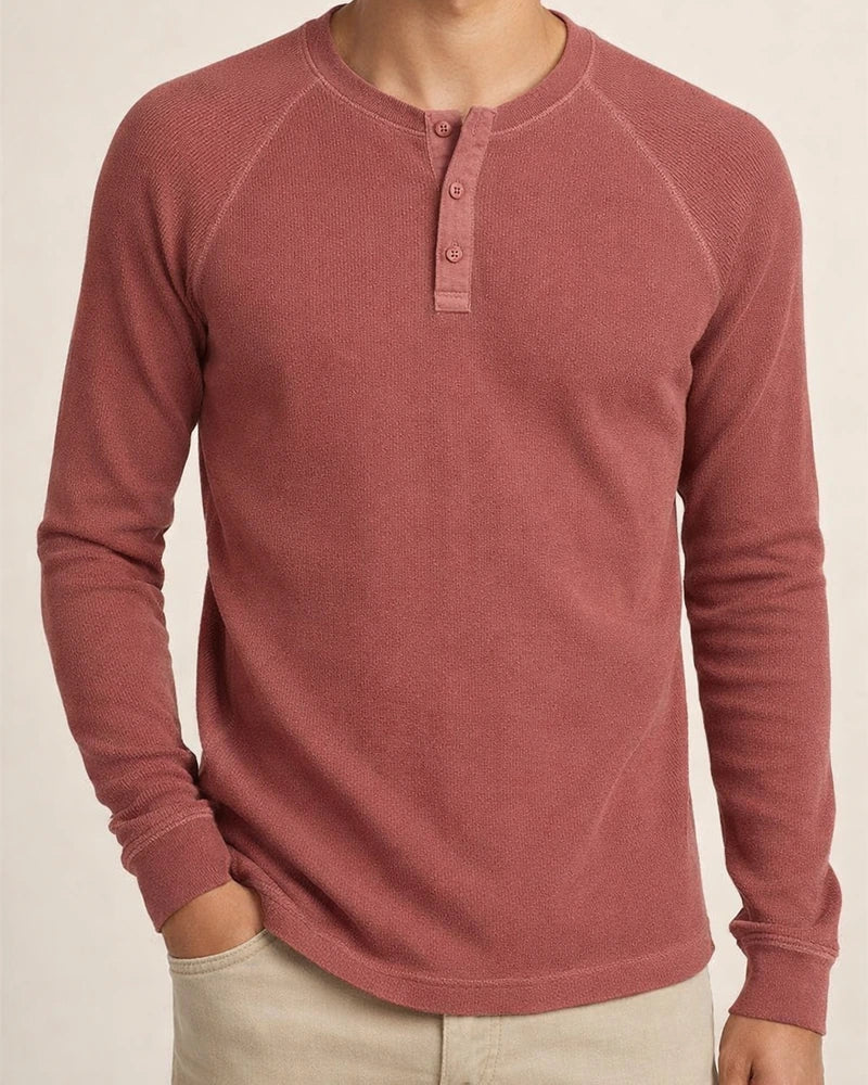 Solid color Slim pullover shoulder sleeve men's long-sleeved t-shirt men's bottom shirt men's round neck waffle Henley shirt | JRSEE:87e835df-b197-4d6b-949d-de356becc981