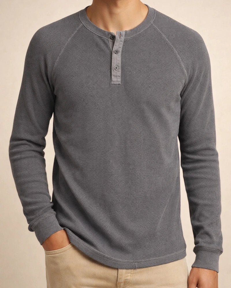 Solid color Slim pullover shoulder sleeve men's long-sleeved t-shirt men's bottom shirt men's round neck waffle Henley shirt | JRSEE:305b3520-3890-4e52-84e4-23d3cfcd7443