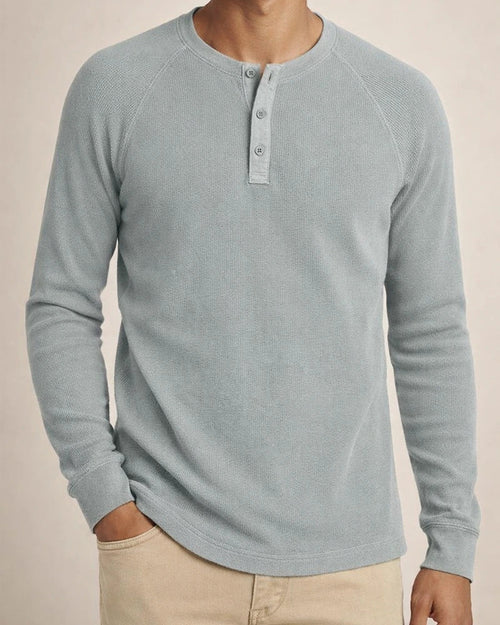 Solid color Slim pullover shoulder sleeve men's long-sleeved t-shirt men's bottom shirt men's round neck waffle Henley shirt | JRSEE:9eb75aa5-ee0f-4ee1-9920-6283db5629a4
