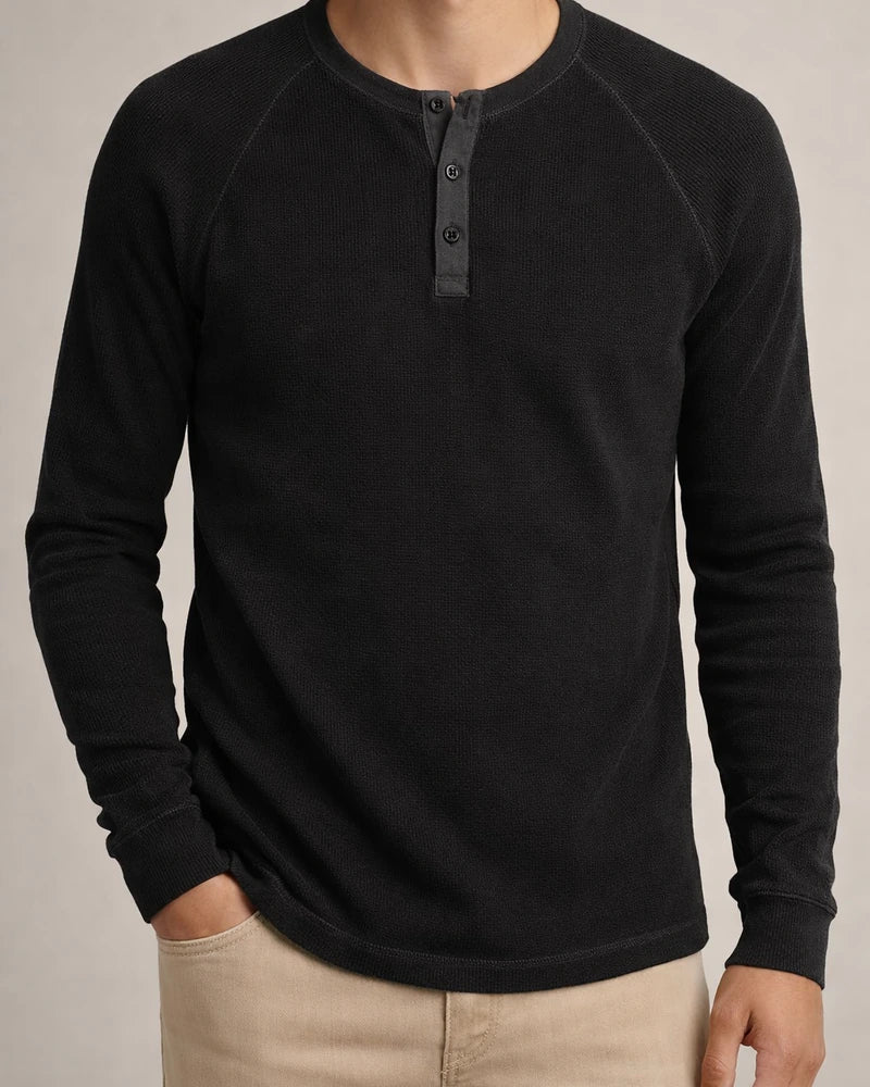 Solid color Slim pullover shoulder sleeve men's long-sleeved t-shirt men's bottom shirt men's round neck waffle Henley shirt | JRSEE:9aa59f3f-1f95-445c-a7c6-9430decfd8ed