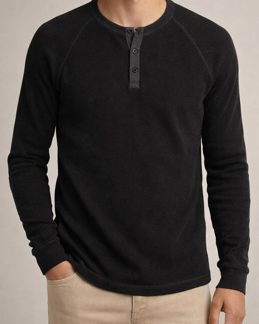 Solid color Slim pullover shoulder sleeve men's long-sleeved t-shirt men's bottom shirt men's round neck waffle Henley shirt | JRSEE:9aa59f3f-1f95-445c-a7c6-9430decfd8ed