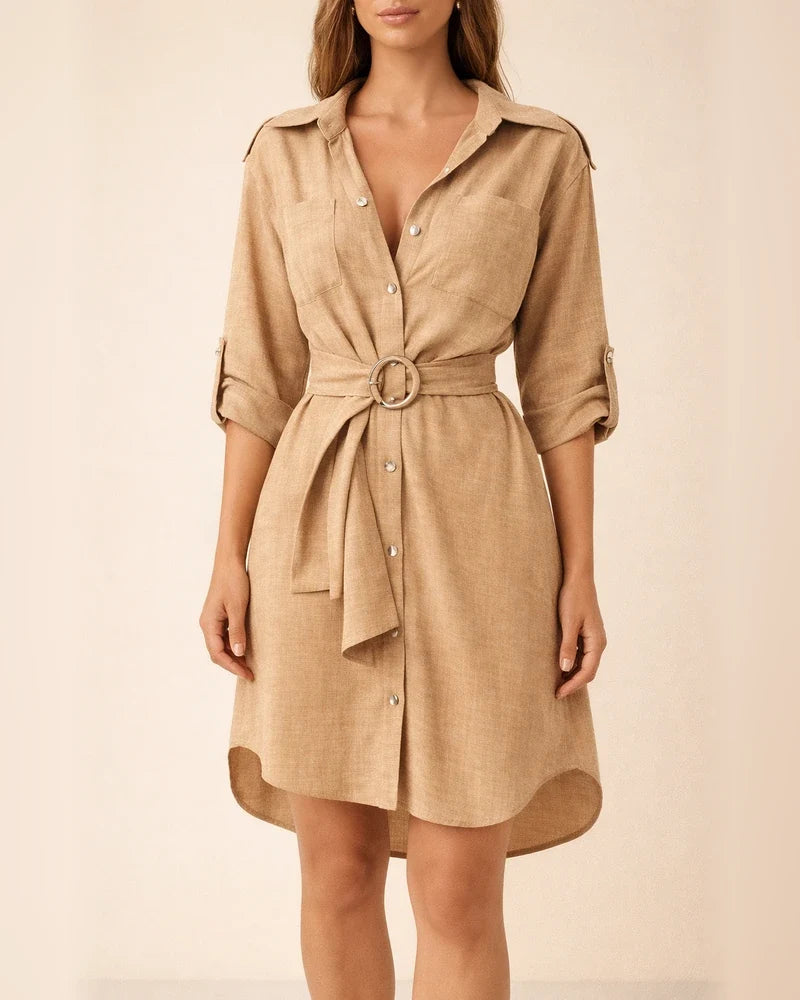 Solid Color V-neck Lace-up Shirt Dress | JRSEE:d6235308-b2f3-4bfc-9185-0455e8cd61a2