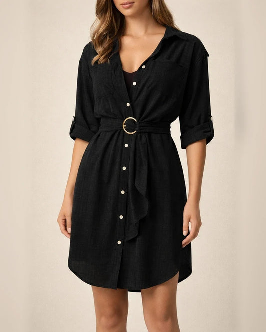 Solid Color V-neck Lace-up Shirt Dress | JRSEE:5c188768-6abe-4034-92e7-276e3e857c0a