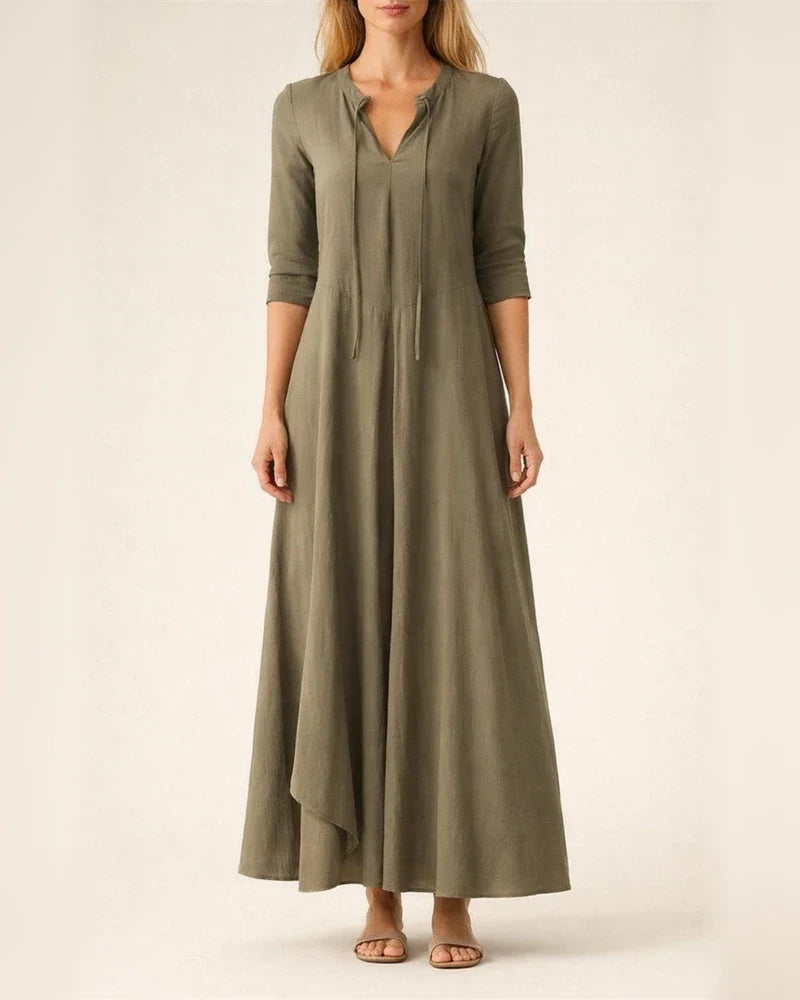 Solid Color V-neck Long Sleeve Simple Casual Dress | JRSEE:67eb8300-82ba-4b94-8e71-b0a787afefd4