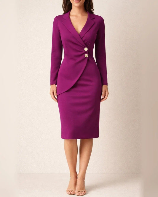 Solid Color V-neck Slim Hip Bottoming Buttons Buttoned Professional Dress | JRSEE:ff2a2aa2-5c16-4dff-8307-b845079942ac