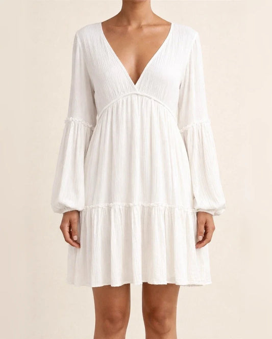 Solid Color Women's Spring and Summer Explosive Models In The Waist V-neck Long-sleeved Lantern Sleeve Short Dress Elegant Wind Dress | JRSEE:1f44dbb2-1ab7-427d-b25f-26047c9edf3c