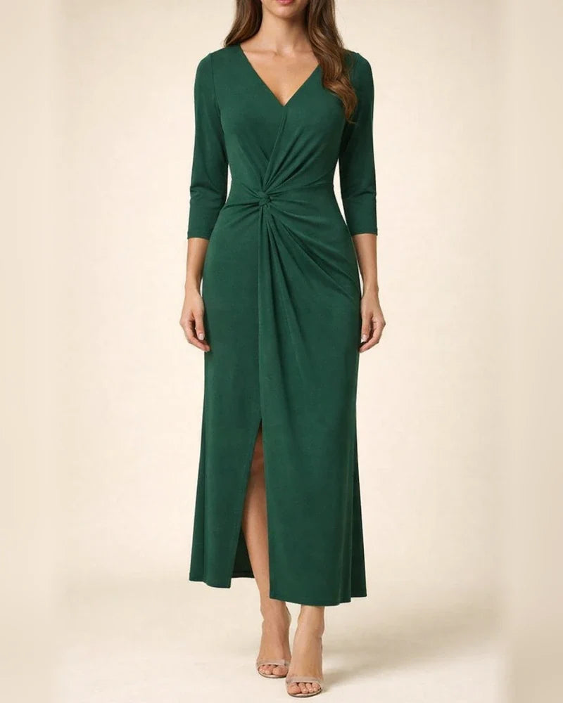 Solid Color Wrapped Chest Long Temperament Commuter V-neck Dress | JRSEE:58cadf73-ace8-4e08-a112-2e07360150d2