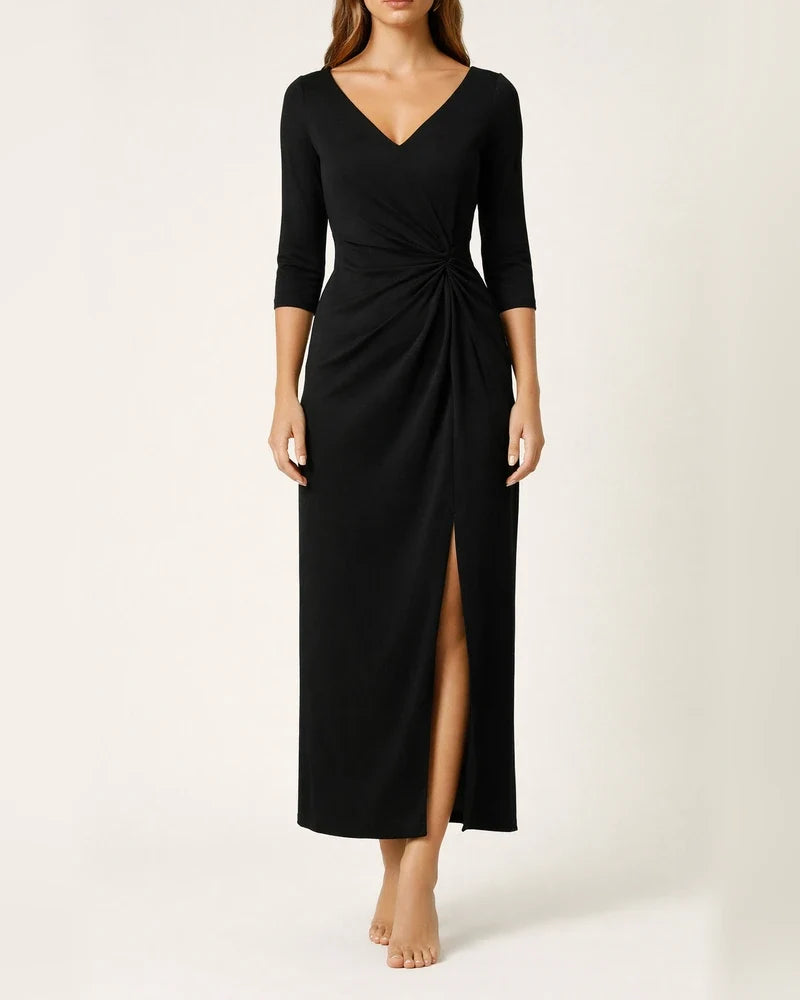 Solid Color Wrapped Chest Long Temperament Commuter V-neck Dress | JRSEE:3ec30c7f-1bce-44bf-bd94-7f756fcf66fe