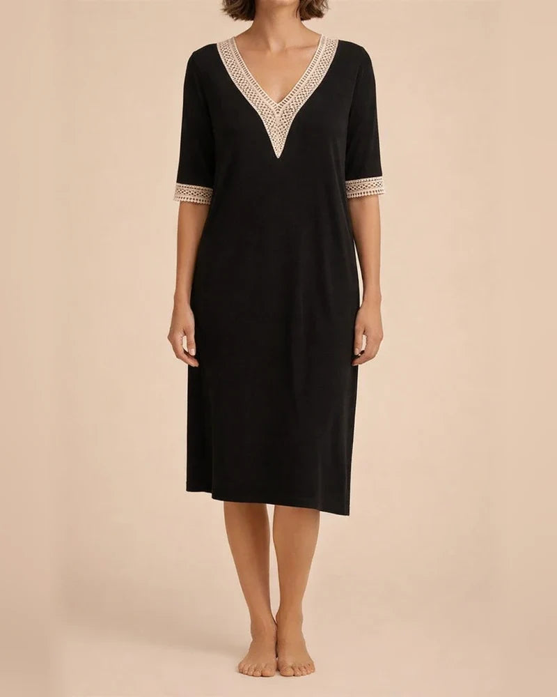 Solid Colour V-neck Lace Trimmed Mid-sleeved Cotton and Linen Casual Dress | JRSEE:5fe4517b-d25e-42cc-b88e-bd71b109969d