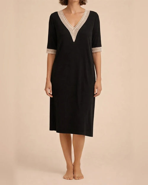 Solid Colour V-neck Lace Trimmed Mid-sleeved Cotton and Linen Casual Dress | JRSEE:5fe4517b-d25e-42cc-b88e-bd71b109969d