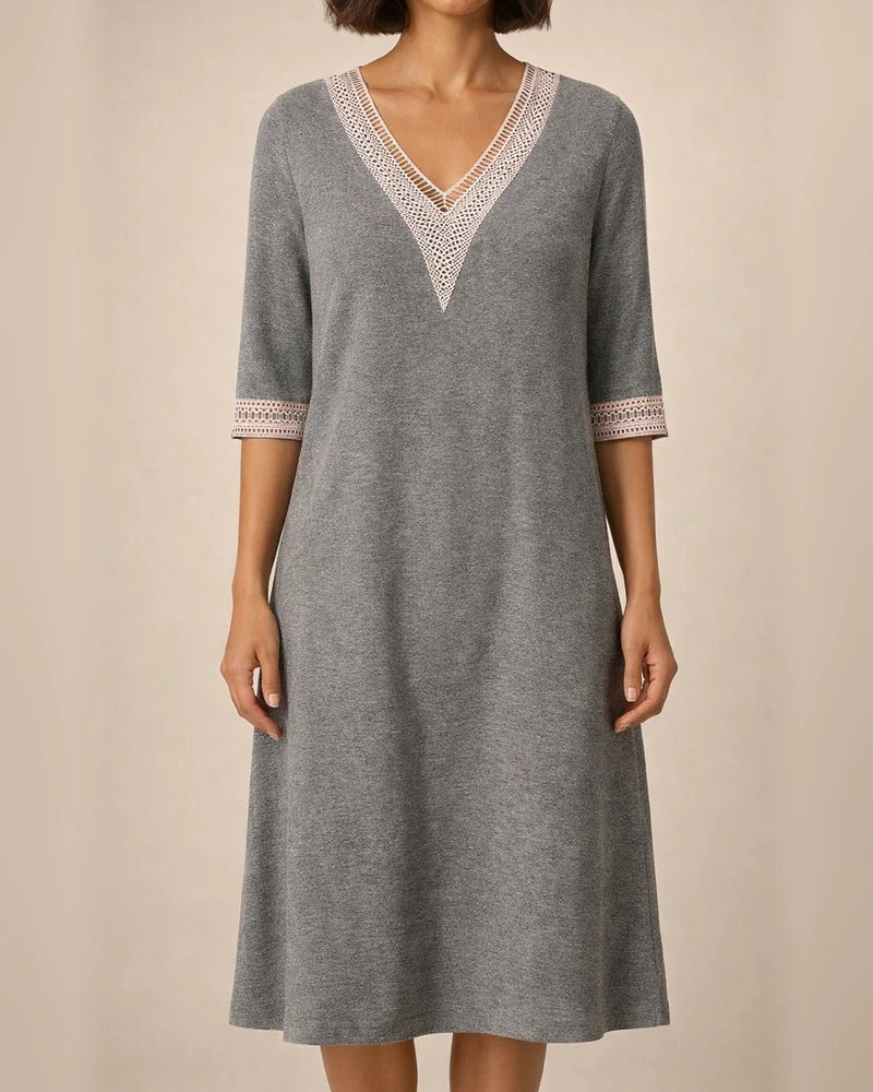 Solid Colour V-neck Lace Trimmed Mid-sleeved Cotton and Linen Casual Dress | JRSEE:1eb11e2d-9e26-4b70-9c80-01395402a5ca
