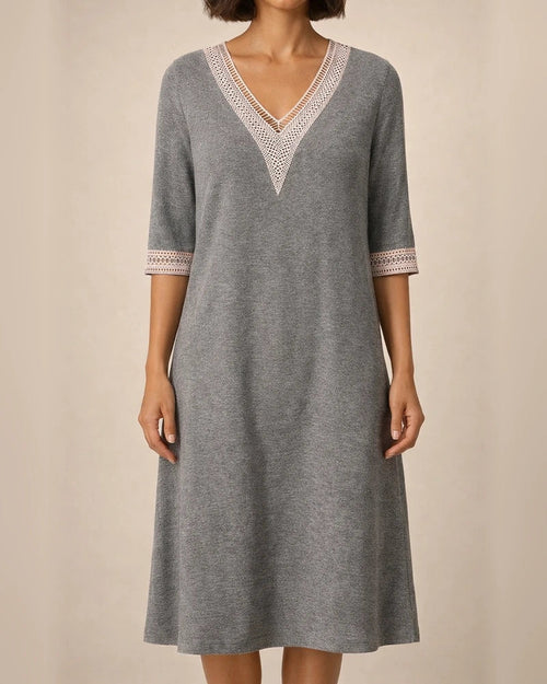 Solid Colour V-neck Lace Trimmed Mid-sleeved Cotton and Linen Casual Dress | JRSEE:1eb11e2d-9e26-4b70-9c80-01395402a5ca