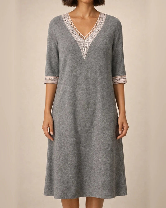 Solid Colour V-neck Lace Trimmed Mid-sleeved Cotton and Linen Casual Dress | JRSEE:1eb11e2d-9e26-4b70-9c80-01395402a5ca