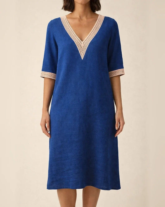 Solid Colour V-neck Lace Trimmed Mid-sleeved Cotton and Linen Casual Dress | JRSEE:2af9d2f6-03ed-48a9-a215-fb93a3f559ae
