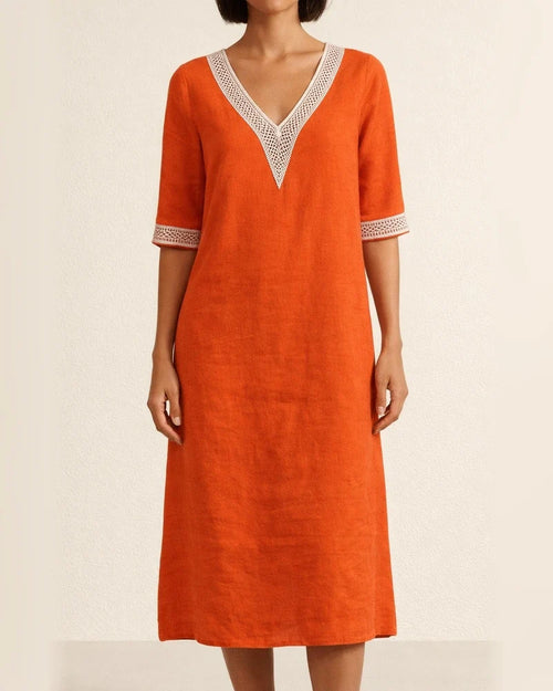 Solid Colour V-neck Lace Trimmed Mid-sleeved Cotton and Linen Casual Dress | JRSEE:7d052880-0c3e-4cf8-b08c-c37ea8a80528