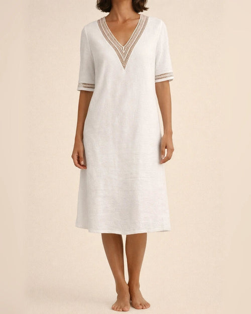 Solid Colour V-neck Lace Trimmed Mid-sleeved Cotton and Linen Casual Dress | JRSEE:62ccc8aa-fe3b-4d0c-bcaa-31324b2e623c