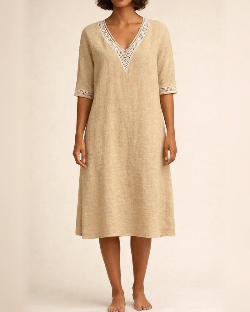 Solid Colour V-neck Lace Trimmed Mid-sleeved Cotton and Linen Casual Dress | JRSEE:c25e63b0-c195-4abc-a96f-b3ecb85960c2