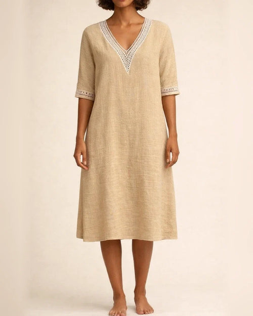 Solid Colour V-neck Lace Trimmed Mid-sleeved Cotton and Linen Casual Dress | JRSEE:c25e63b0-c195-4abc-a96f-b3ecb85960c2
