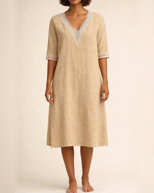 Solid Colour V-neck Lace Trimmed Mid-sleeved Cotton and Linen Casual Dress | JRSEE:c25e63b0-c195-4abc-a96f-b3ecb85960c2